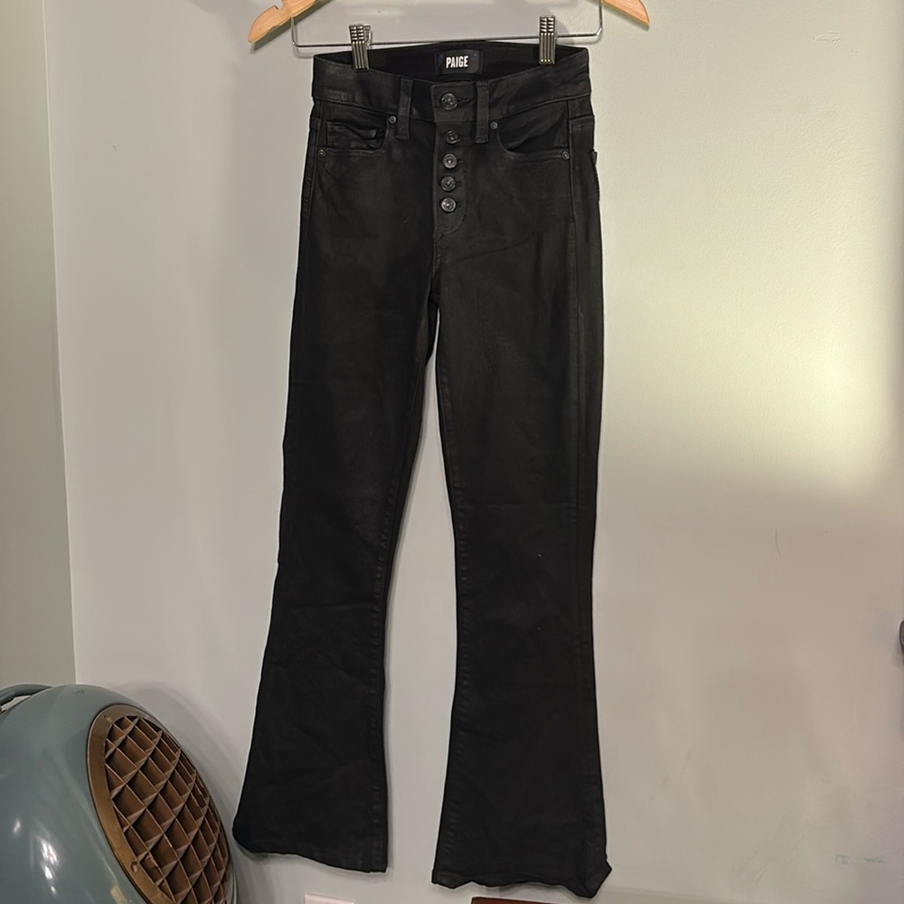 Paige High Rise Lou Lou Black Wax Coated Flare Jeans Size 23
